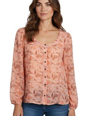 ModCloth Hillside Coral Pink Print Long Sleeve Button Front Blouse